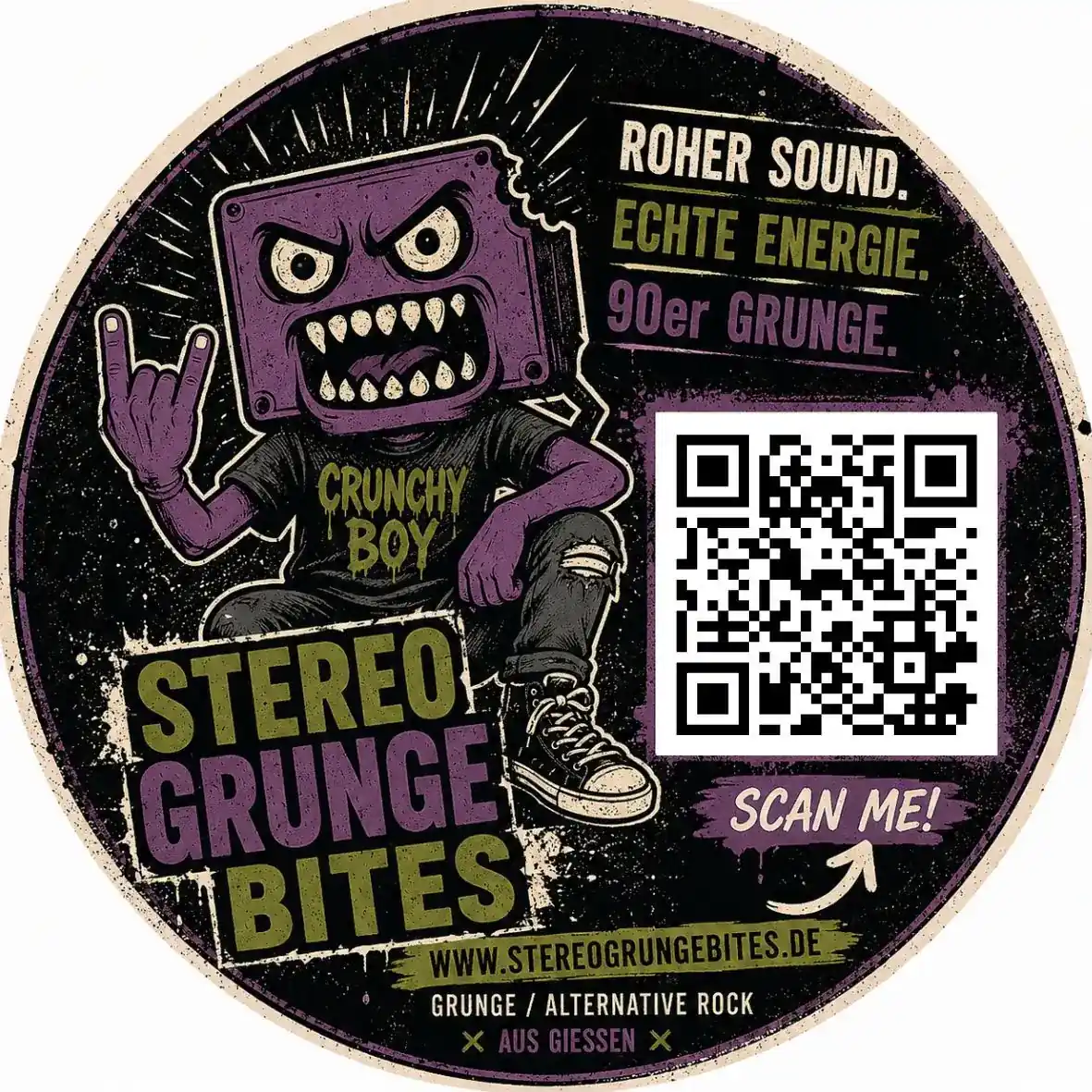 Stereo Grunge Bites Konzert-Flyer mit QR-Code